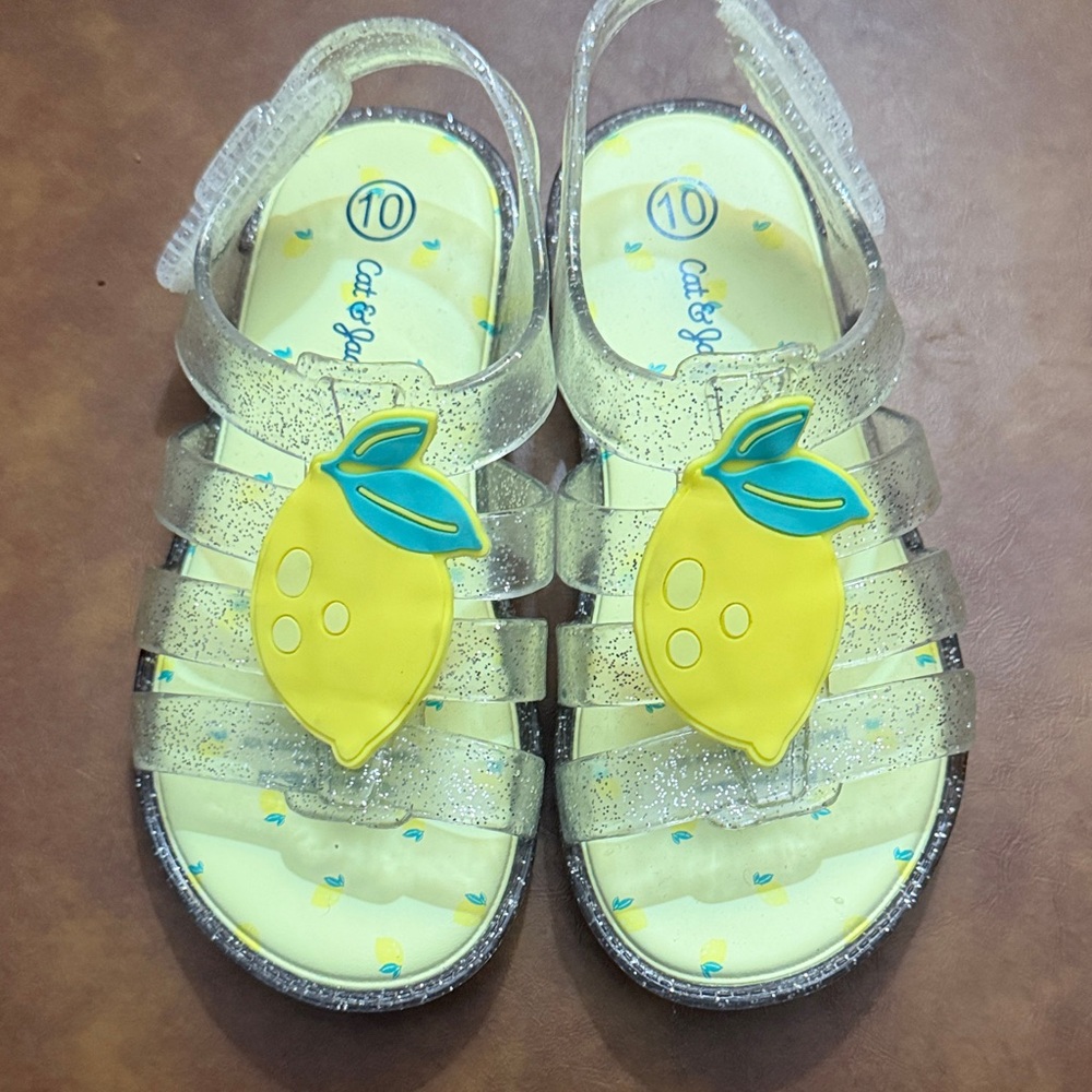 Girls' Glitter Jelly Sandals with Yellow Lemon Accent. Size 10